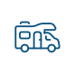 A minimalist blue line icon depicting a camper van.